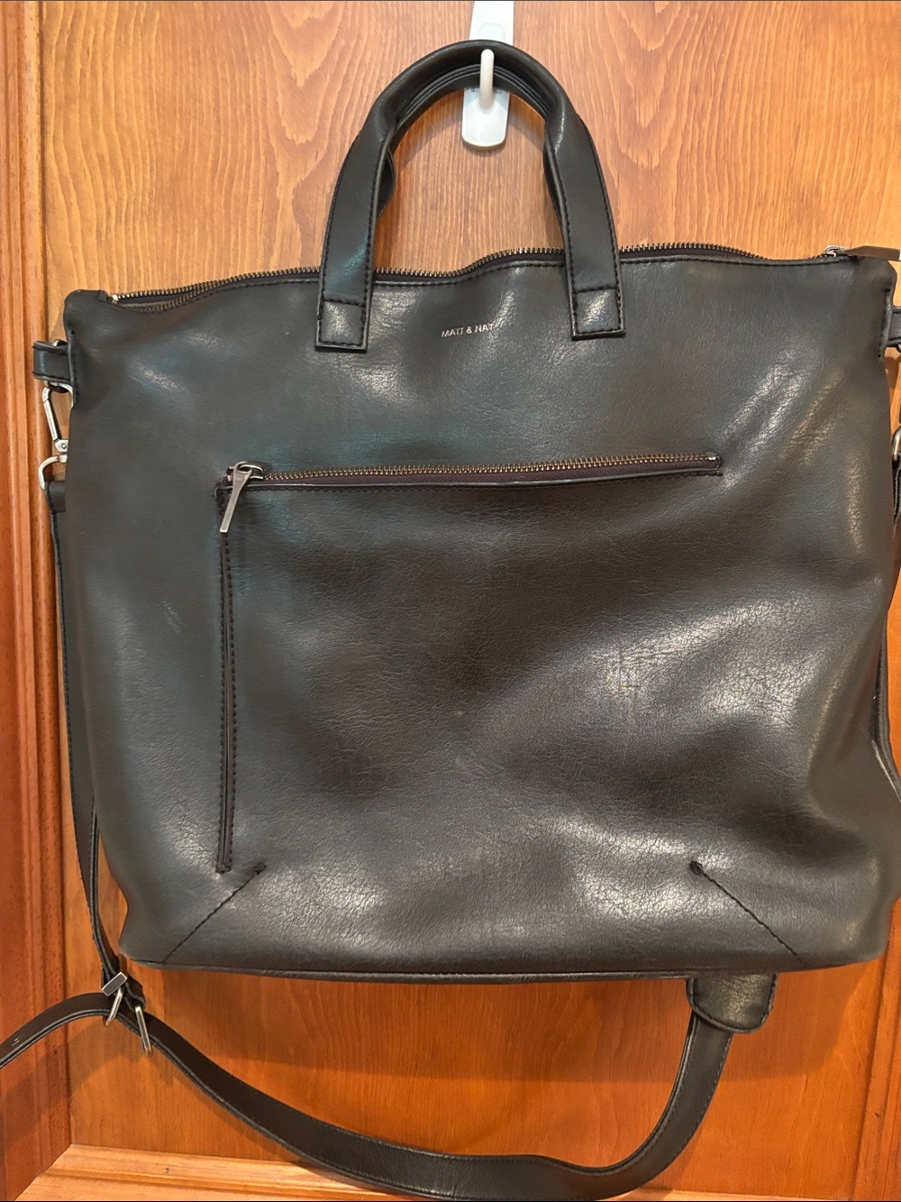 Matt & Nat Black Leather Laptop Tote with Crossbody Strap